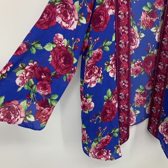 Pioneer Kimono Blue Floral Print Embroidered Open Front - Picture 5 of 10